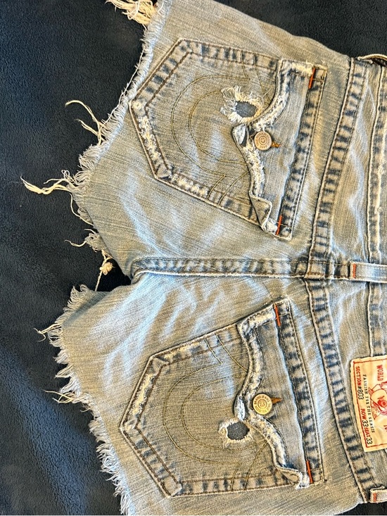 True Religion Light Blue Washed Denim Shorts with Brass Button - Picture 2 of 6